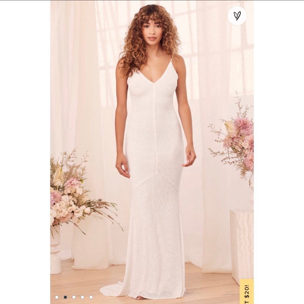 Lulu’s Forever Radiant White Sequin Backless Mermaid Maxi Dress *NWT* Small